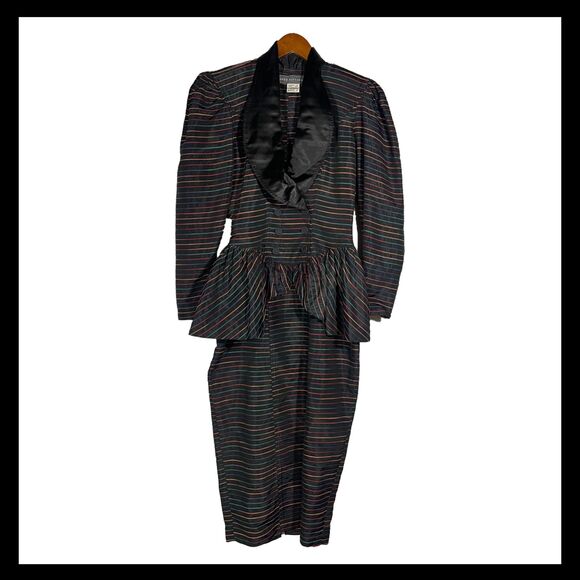 Vintage Karen Alexander Peplum Dress 80s Rainbow Stripe Long Sleeve Maxi Size 8 - Picture 1 of 16